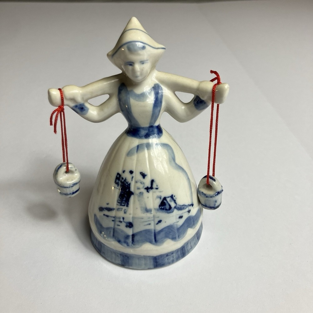 Delft Blue Milkmaid Bell Hand Painted Holland Blue White Windmill Vintage